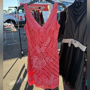 Sue Wong Coral Lace Midi Dress